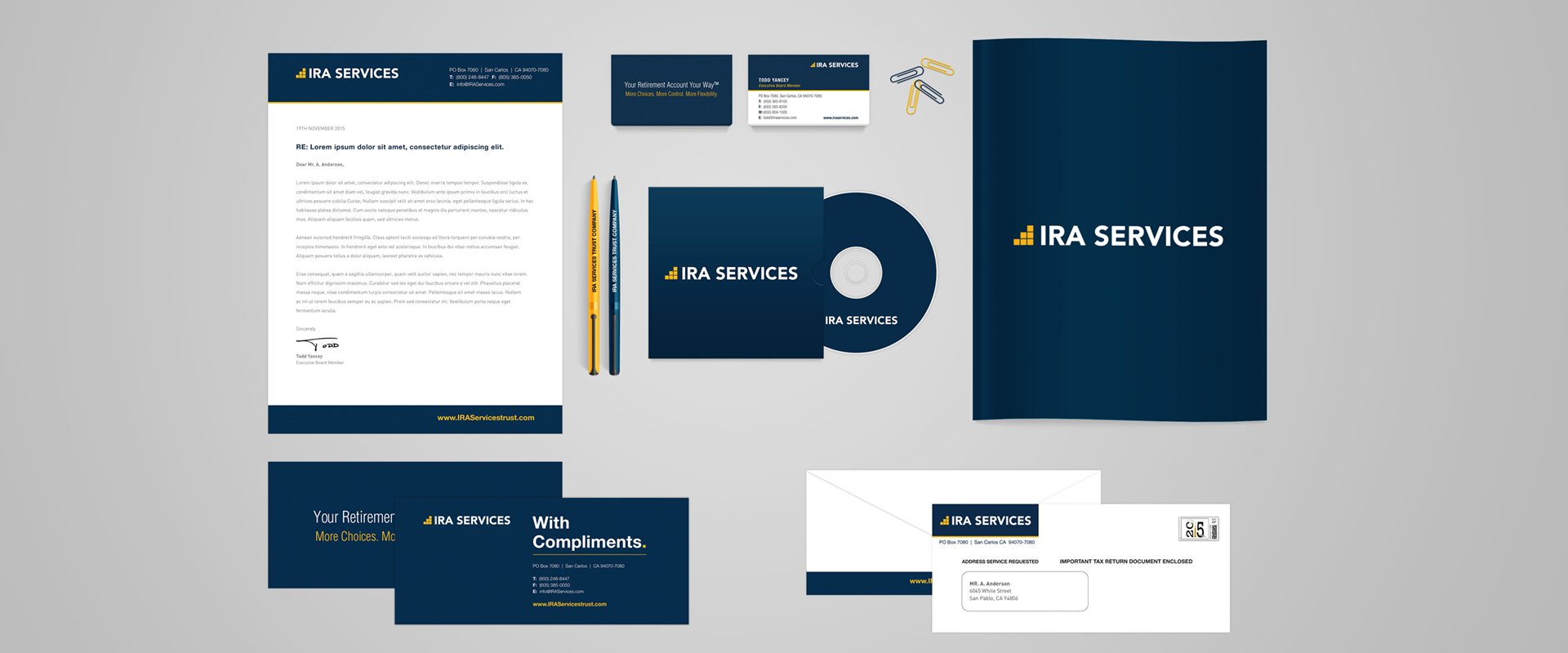 Financial services branded stationery including letterhead, business cards, cd case, pens, compliment slips and envelopes.